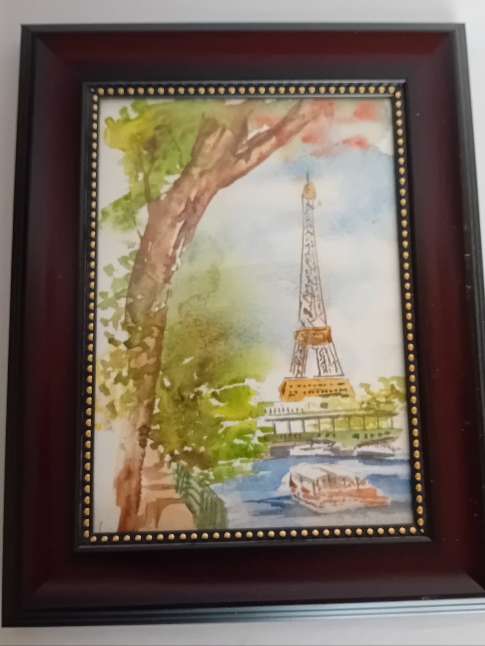 Original Watercolor Eiffel Tower Framed Art- Green, Brown, Blue -Artist Signed